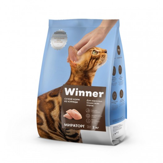 Winner,полнорационный сухой корм для взрослых кошек всех пород,из курицы,2 кг (Мираторг)