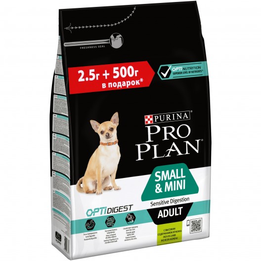 Купить Проплан 2,5кг +500гр сухой корм для взрослых собак мелких пород с чувствительным пищеварением,ягнено