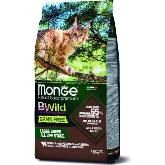 Monge Cat Bwild GRAIN FREE беззерновой корм из мяса буйвола для крупных кошек всех возрастов,1,5кг
