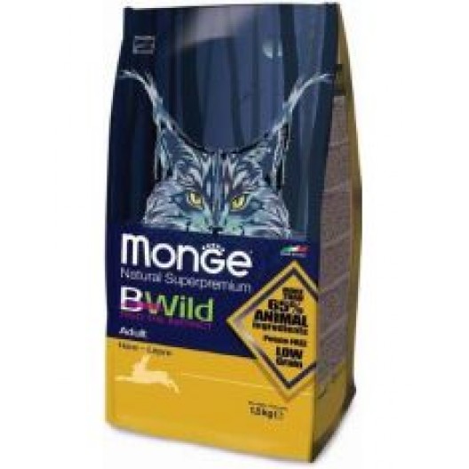 Monge Cat Bwild GRAIN FREE низкозерновой корм из мяса зайца для взрослых кошек,1,5кг