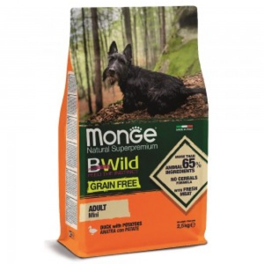 Monge Dog Bwild GRAIN FREE беззерновой корм из мяса утки с картофелем для взрослых собак мелких поро