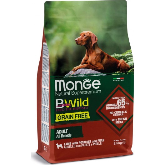 Monge Dog Bwild GRAIN FREE беззерновой корм из мяса ягненка с картофелем и горохом для взрослых соба