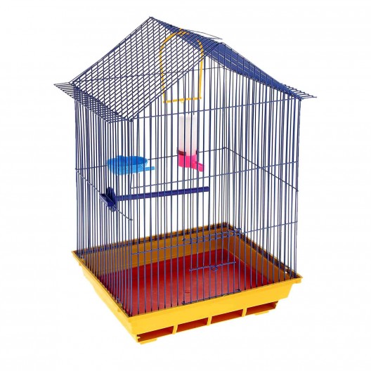 Купить Клетка для птиц большая, крыша-домик (поилка,кормушка,жердочка,качель), 35х28х55см.
