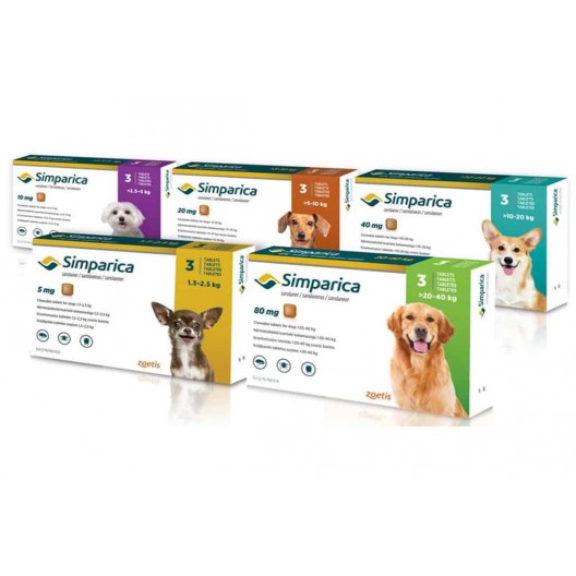 Zoetis Симпарика,жевательные таблетки для собак весом от 20-40кг,80мг,3таб.